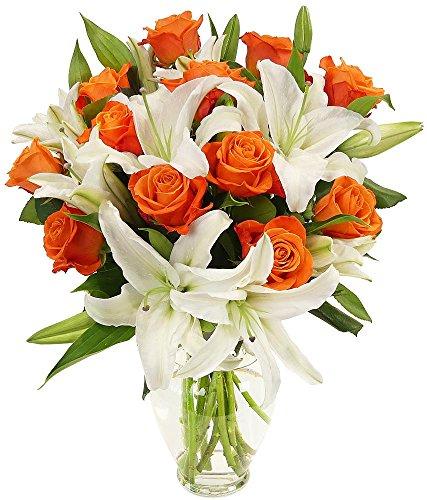 Vase of Orange Roses and White Oriental Lilies product1198